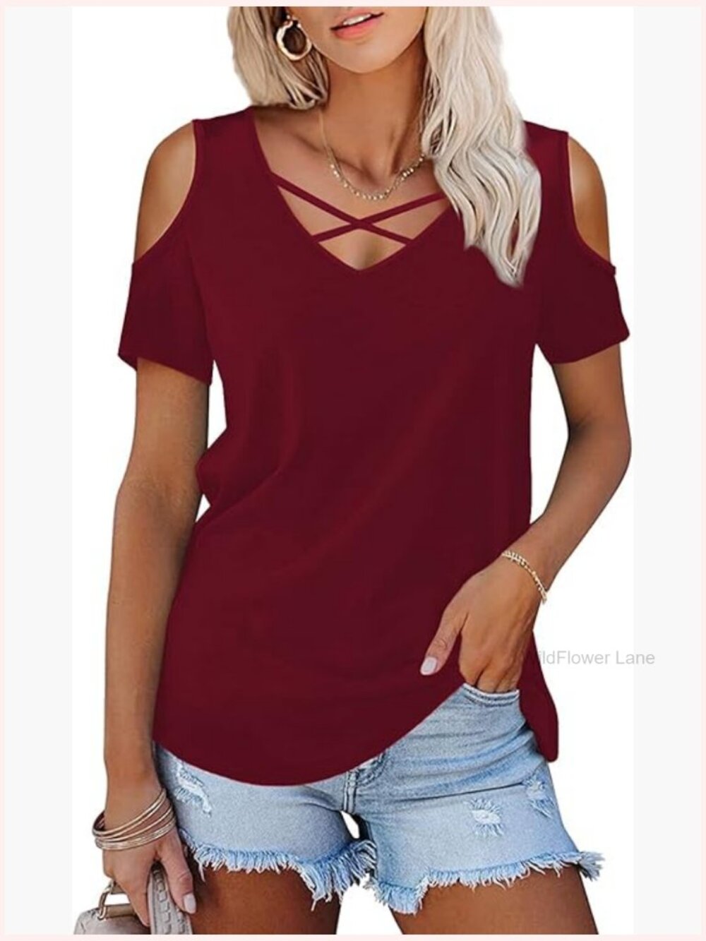 V Neck Criss Cross Cold Shoulder Tunic Top Short Sleeve